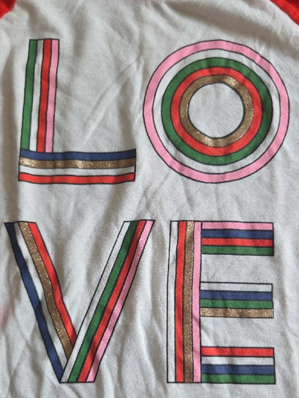 Old Navy White and Red Raglan Long Sleeve Tee with Multicolor LOVE Graphic